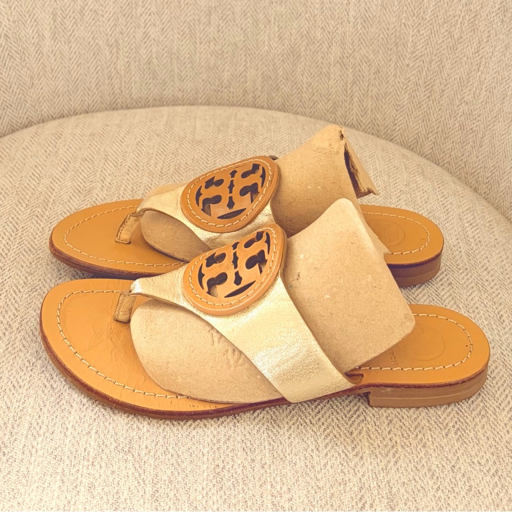 Tory Burch Gold Slip-On Leather Sandals